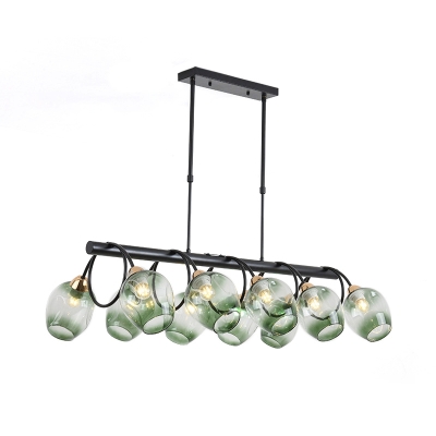 Dimpled Cup Island Light Fixture Modern Blue/Green Gradient Glass 6/8/10 Lights Dining Room Linear Pendant Lamp in Black