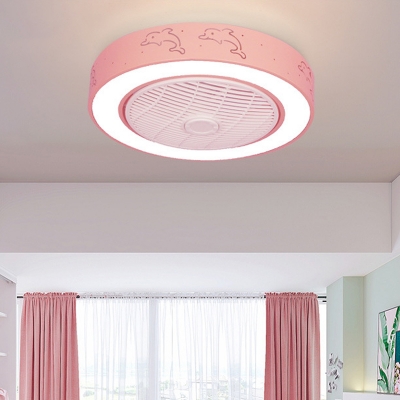 Dining Room LED Ceiling Fan Light Simplicity Grey/White/Pink 3-Blade Semi Flush Mount with Round Acrylic Shade, 22