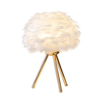 Dome Nightstand Lamp Nordic Feather 1-Bulb White/Pink Table Light with White/Gold 3-Leg for Bedroom
