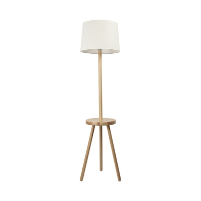 Drum Shade 3-Leg Floor Lamp Simplicity Fabric Single Wood Reading Floor Light with Table