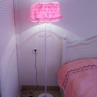 Feather Round Reading Floor Light Modern 1 Head White/Pink/Apricot Standing Lamp with Trim and Crystal Drop