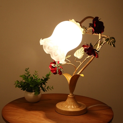 Frosted Glass Blue/Beige Night Lamp Bellflower 1-Light Korean Garden Table Light for Living Room