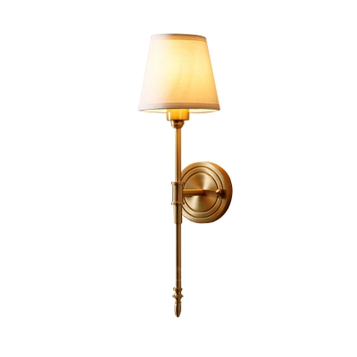 Gold Pencil Arm Reading Wall Lamp Rustic Metal Single Living Room Wall Light with Cone Fabric Shade