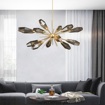 Grey Glass Diamond Chandelier Postmodern 12 Bulbs Gold Burst Design Hanging Lamp Kit