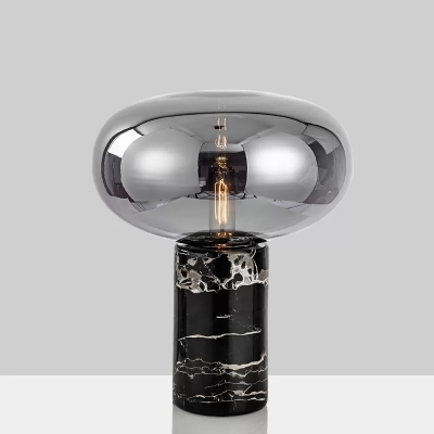 Marble Cylinder Night Light Postmodern 1 Bulb Black Table Lighting with Oval Amber/Smoke Grey Glass Shade