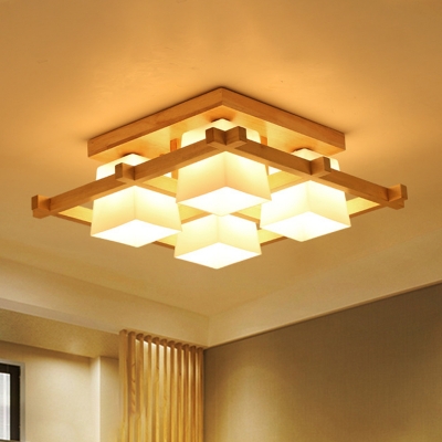 Milk Glass Cube Semi Flush Light Nordic 4/6/9 Bulbs Beige Close to Ceiling Lamp with Wood Guard