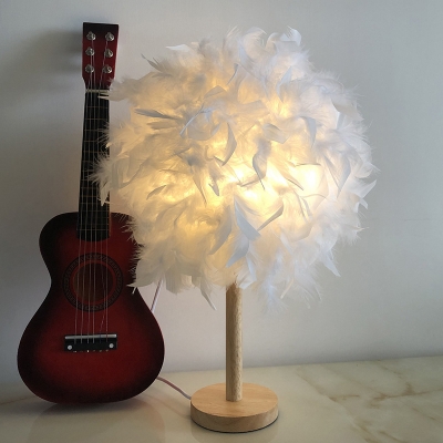 Mini Globe Night Stand Lamp Simple Feather Single White and Wood Table Light for Bedroom