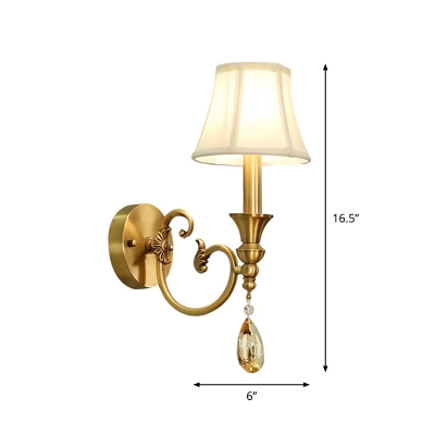Paneled Bell Fabric Wall Lamp Traditional 1/2-Head Dining Room Wall Mount Light in Gold with Crystal Drop
