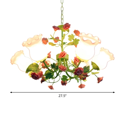 Pastoral Bloom Pendant Ceiling Light 6-Head Opaline Glass Chandelier with Pink Rose and Leaf Decor in Green