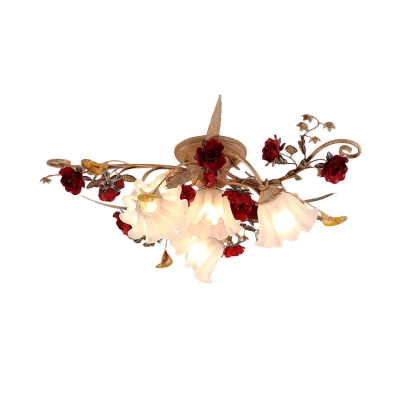 Red 4/7/9 Bulbs Ceiling Mount Light Pastoral Flower White Glass Blossom Semi Flush Light Fixture