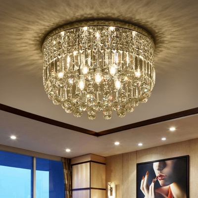 Round Flush Mount Ceiling Light Modernist Crystal Strand 9 Lights Bedroom Flushmount in Silver
