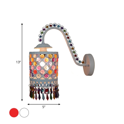 Single-Bulb Cylindrical Wall Lamp Bohemian White/Red Metal Gooseneck Wall Light with Fringe and Embedded Bead