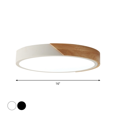 Splicing Round Thin Ceiling Mount Lamp Nordic Acrylic Black/White and Wood LED Flush Light Fixture, 12