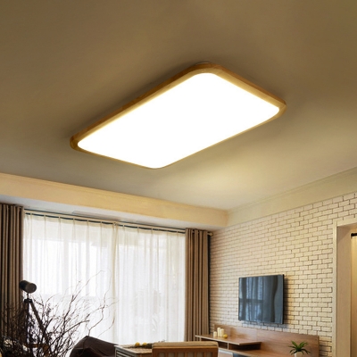Square/Rectangular Flush Ceiling Light Simple Wooden Beige LED Flush Mounted Light with Fillet Edge, 14