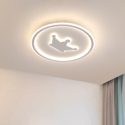 Ultrathin Round Flush Ceiling Light Kids Acrylic Bedroom LED Crown Flushmount in White/Pink/Gold, 16