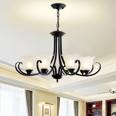 Vintage 1/2-Tier Flower Chandelier 3/6/9 Lights Opaline Frosted Glass Pendant Lighting with Scroll Arm in Black
