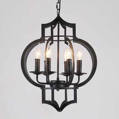 Vintage Lantern Hanging Light 6 Bulbs Iron Chandelier Light Fixture in Black for Restaurant