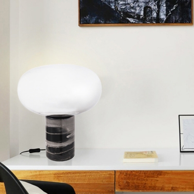 White/Amber Glass Ellipse Night Lighting Post-Modern 1-Light Black Table Lamp with Cylindrical Marble Base