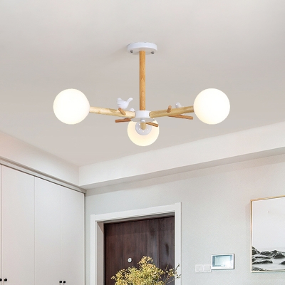 White Branch Semi Flush Light Nordic 3/6/8-Bulb Wooden Ceiling Mount Chandelier with Ball Milky Glass/Cylinder Metal Shade