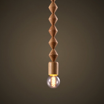 Wood Carved Beaded Down Lighting Pendant Simple Single Brown Pendulum Light with Open Bulb Design