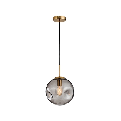 1-Light Living Room Suspension Lamp Postmodern Brass Hanging Pendant with Ball Dimpled Smoke Gray/Cognac Glass Shade