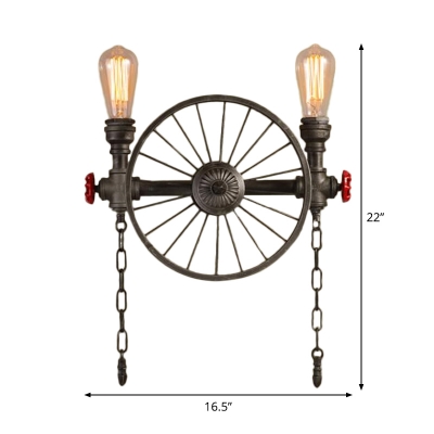 2/4 Bulbs Wrought Iron Wall Sconce Industrial Bronze Plumbing Pipe Bistro Wall Light with Wheel and Chain Deco