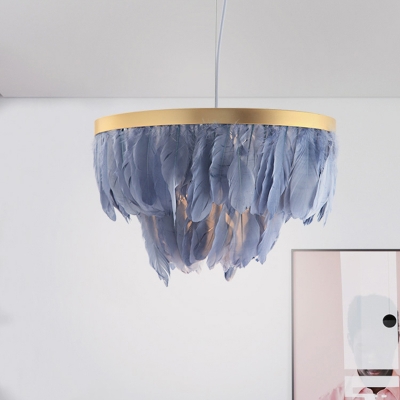 2-Tiered Tapered Pendant Light Fixture Nordic Feather 1 Head Blue/White and Gold Hanging Lamp