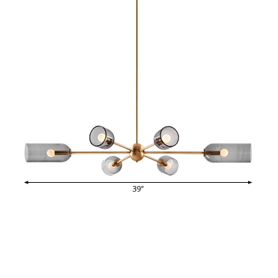 6 Heads Dining Room Ceiling Hang Light Postmodern Gold Radial Chandelier with Elongated Dome Smoke Glass Shade