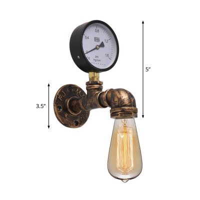 Antiqued Bronze Pipe Small Wall Lamp Factory Wrought Iron 1 Bulb Bathroom Wall Light with Gauge Deco