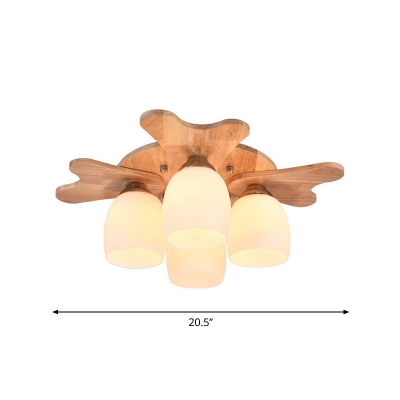 Antler Wooden Semi Mount Lighting Nordic 1/4/7-Bulb Beige Ceiling Flush Light with Bell Opal Glass Shade