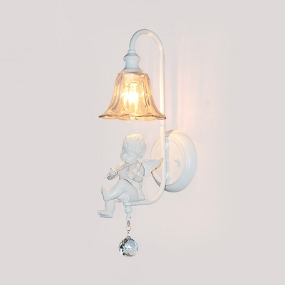 Bellflower Clear Carved Glass Wall Lighting Nordic 1-Light Cream Wall Sconce with Angel and Crystal Decor