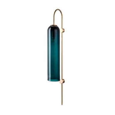 Blue Glass Elongated Tube Sconce Mid Century 1-Light Wall Mounted Lamp with Gooseneck Arm in Gold