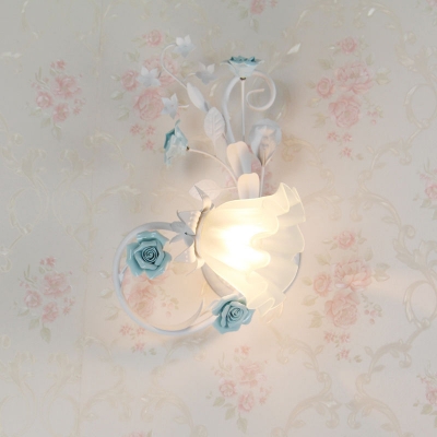 Blue Scrolling Flower Wall Lighting Pastoral White Glass 1-Light Bedside Left/Right Wall Mounted Lamp