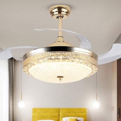 Bowl Shaped Acrylic Ceiling Fan Lamp Modernist Gold 4-Blade LED Semi Flush Mounted Light, 19