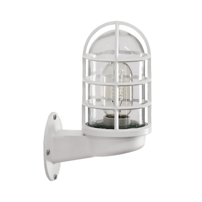 Clear Glass Half-Capsule Wall Light Loft 1 Head Bedside Wall Mounted Lamp with Exterior Cage Guard in Grey/Red/Blue