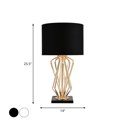 Cylindrical Night Stand Light Simplicity Fabric 1 Head Living Room Table Lamp with Open Urn Base in Black/White-Gold