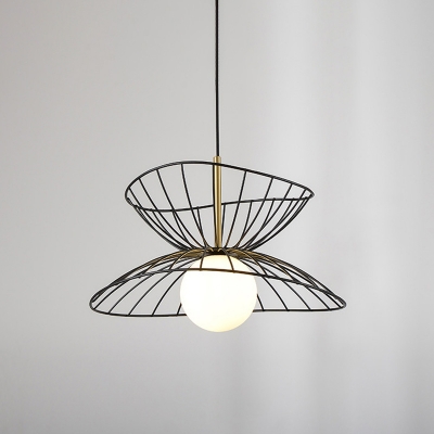 Dress Hem Pendant Light Kit Postmodern Iron 1-Light Black/Gold Hanging Ceiling Light with Ball Milk Glass Shade