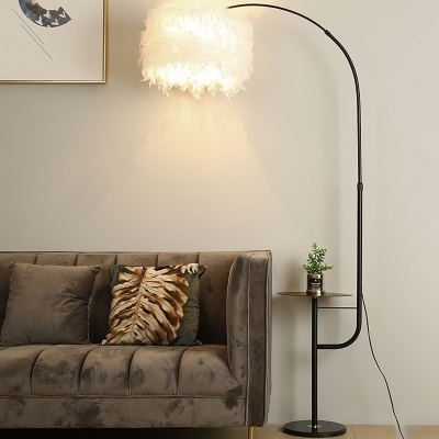 Drum Shade Floor Light Modern Feather 1 Head Black/White Gooseneck Reading Floor Lamp with/without Plate