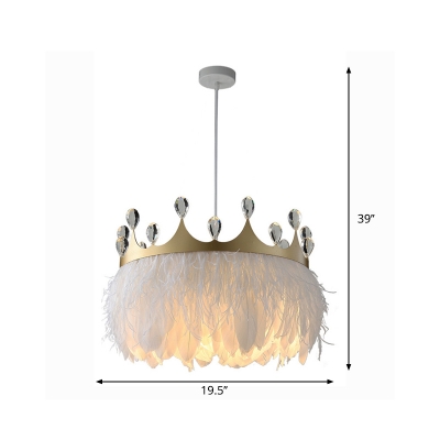 Gold Crown Hanging Lamp Kit Nordic Single-Bulb Crystal Pendant Light with Feather Fringe, 16