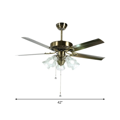 Gold Flower Hanging Fan Lamp Traditional Clear Glass 3 Heads Living Room 5-Blade Semi Flush Light with Pull Chain, 42