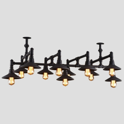 Industrial Piping Chandelier Lamp 8/11 Lights Iron Hanging Pendant with Cone Shade in Black/Rust