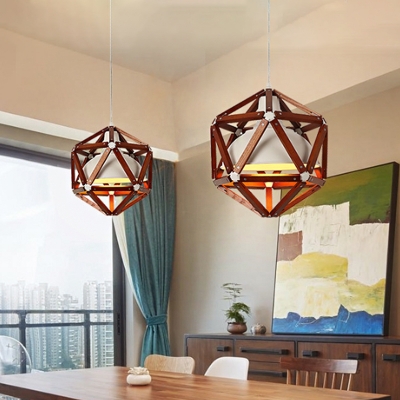 Light/Dark Brown Geometric Cage Pendant Light Modern Single Wooden Hanging Lamp with Bowl Shade Inside