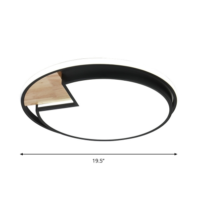 Minimalist Round Ceiling Flush Mount Acrylic LED Bedroom Flush Light in Black with Wood Notch, White/3 Color Light
