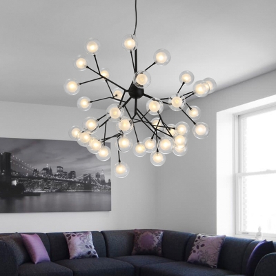 Modern Firefly Chandelier Light Clear and Frosted Glass 36 Bulbs Living Room Ceiling Hang Lamp in Black