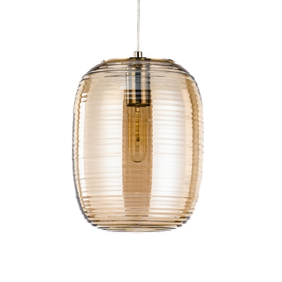 Postmodern 1-Bulb Hanging Pendant Black Elliptical Lantern Ceiling Light with Amber/Smoke Ribbed Glass Shade