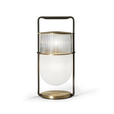 Postmodern Half-Capsule Night Lamp Clear Ribbed and White Glass 1 Head Living Room Table Light with Handle in Black