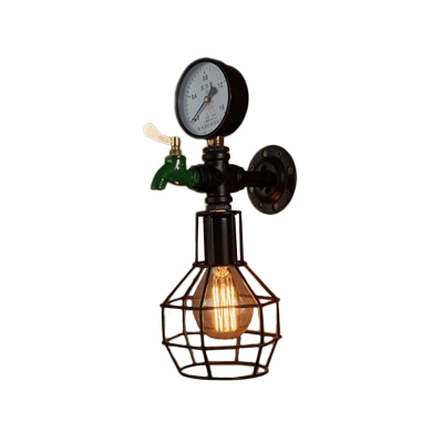 Retro Faucet Wall Mount Lamp 1 Bulb Iron Sconce Lighting with Cage and Decorative Gauge in Black