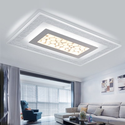 Round/Square/Rectangle Flush Mount Lamp Modern Acrylic Bedroom Small/Large LED Ceiling Light with Pebble Look in White