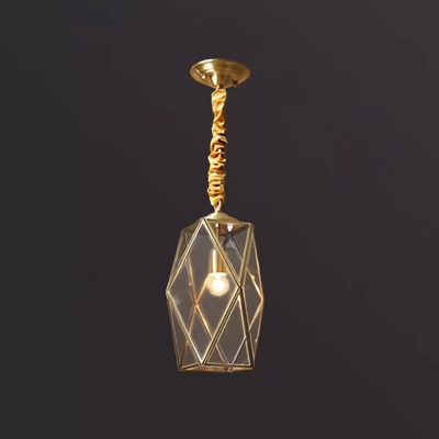 Single Gem Shaped Pendant Light Retro Brass Clear/Seedy Glass Down Lighting over Table
