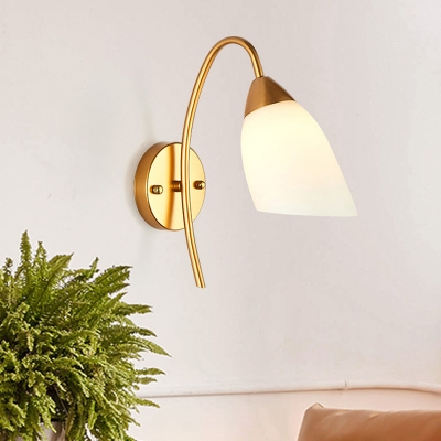 Single Gooseneck Wall Lamp Traditional Living Room Wall Light Sconce with Tapered/Tulip White Glass Shade in Gold